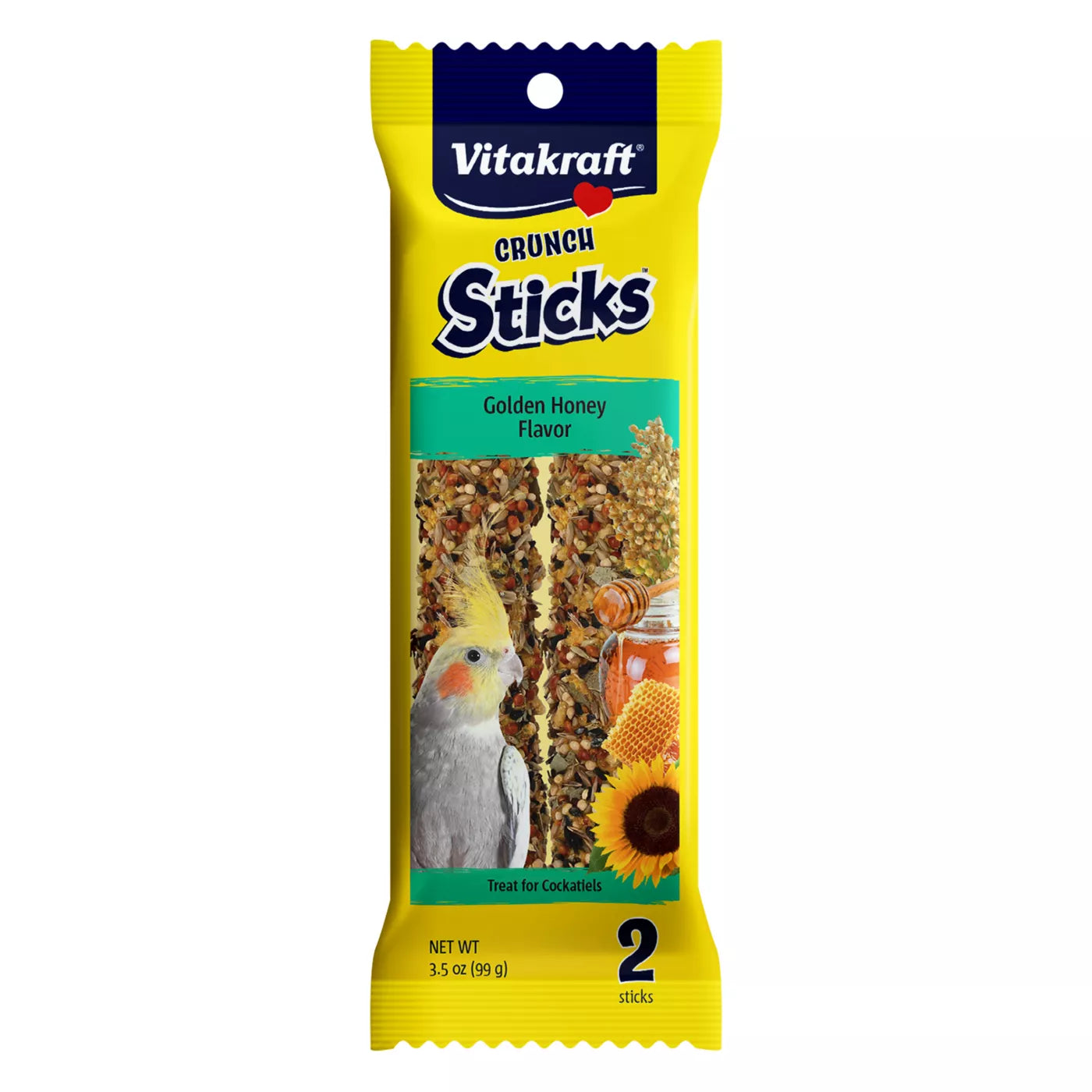 Crunchy Vitakraft Crunch Sticks for cockatiels, triple-baked with golden honey and millet, featuring a wood center for chewing.