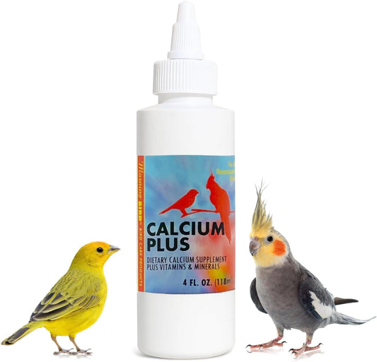 Vibrant 4oz bottle of Morning Bird Calcium Plus, a clear liquid supplement with vitamin D3 and magnesium for bird health.