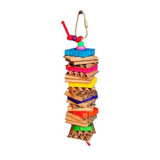 Colorful small puzzle stack bird toy with corrugated paper and puzzle-shaped wooden blocks, perfect for conures and cockatiels.