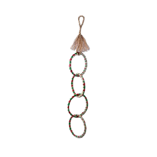 Colorful Med Four Ring-Planet Pleasures bird toy with layered palm leaf strands, ideal as a swing or chew toy for birds.