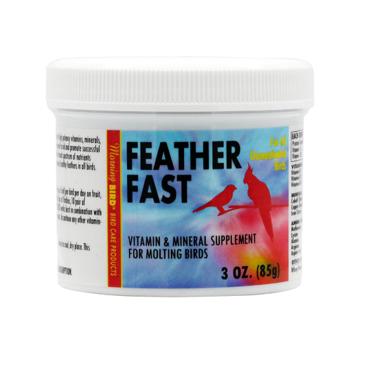 Vibrant 3oz jar of Morning Bird Feather Fast, a nutrient-rich supplement for birds to support healthy, colorful feathers.
