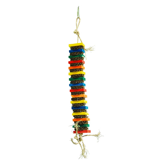 Vibrant Kooky Mini - Zoo Max bird toy with colorful cardboard, pine wood slices, and coconut rope for playful parrots.