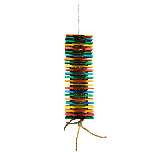 Colorful bird toy with cardboard slices, pine wood, and coconut rope, perfect for medium to large parrots to chew and explore.