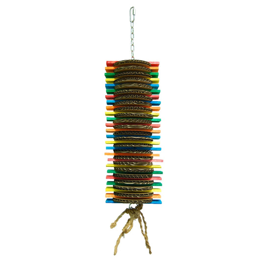 Colorful Kooky Large Zoo Max bird toy with cardboard slices, pine wood, and coconut rope for engaging parrot play.