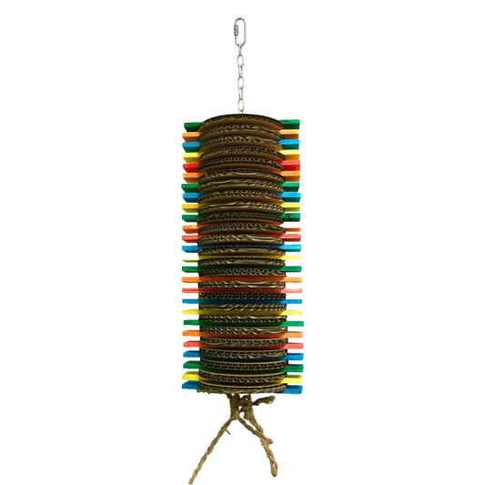 Colorful bird toy with cardboard slices, pine wood, and coconut rope, designed for curious parrots to chew and explore.