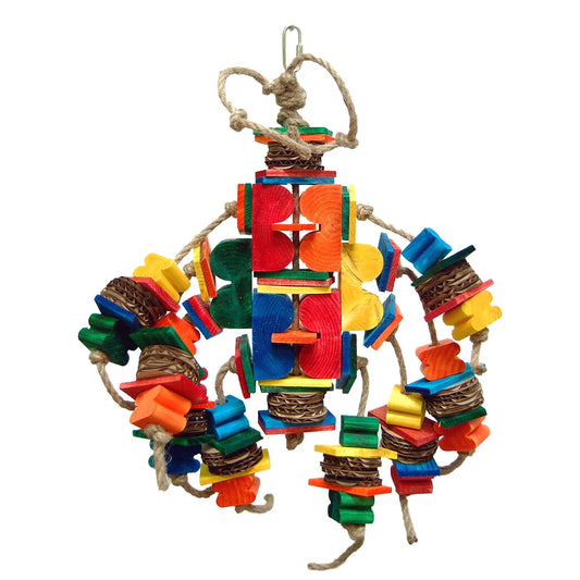 Vibrant bird toy with assorted pine wood pieces and colorful 2-inch cardboard rounds, perfect for chewing and drilling fun.