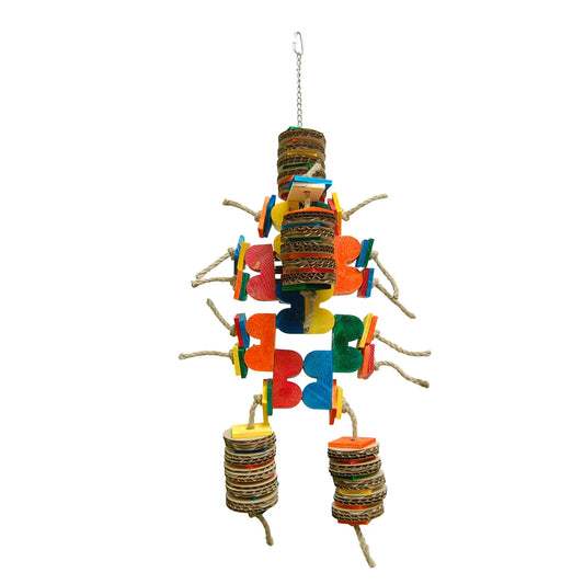 Colorful Happy Jack - Zoo Max bird toy with pine wood pieces and 75 cardboard rounds for chewing and foraging fun.