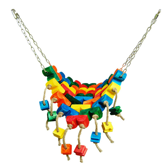 Vibrant Galaxy - Zoo Max bird toy with colorful pine wood blocks and sturdy chains, perfect for perching and foraging fun.