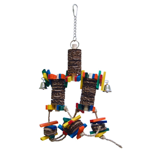 Colorful cardboard discs and pine wood pieces form the engaging Pop Pop - Zoo Max toy, perfect for birds to chew and destroy.