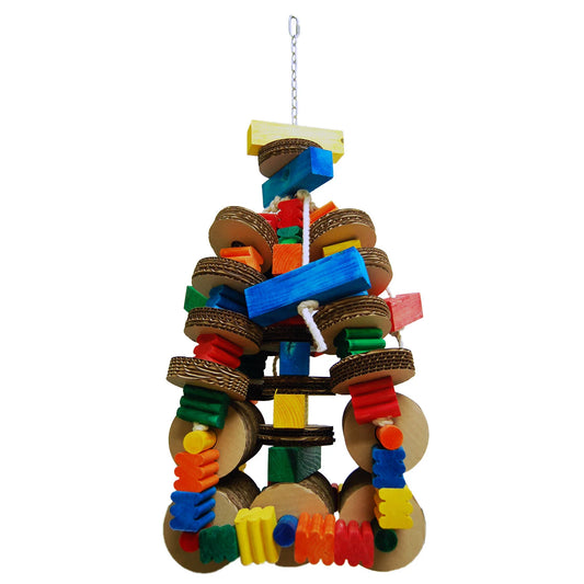 Vibrant Zoo Max Pouffy Large bird toy with colorful 4-inch round cardboard and pine wood Bullnose pieces for shredding fun.