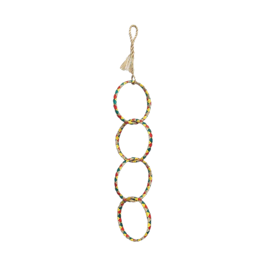 Colorful bird toy with four layered palm leaf rings, perfect as a swing for small birds or a chew toy for larger ones.