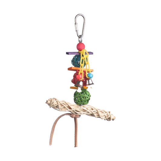 Colorful Vine Twist T-Bar Swing bird toy with vine balls, balsa wood slices, a vine ring perch, and playful bell chains.