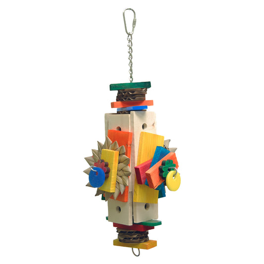 Vibrant Rigolo Zoo Max bird toy with colorful wooden pieces, acrylic shapes, and palm flowers for shredding and foraging fun.