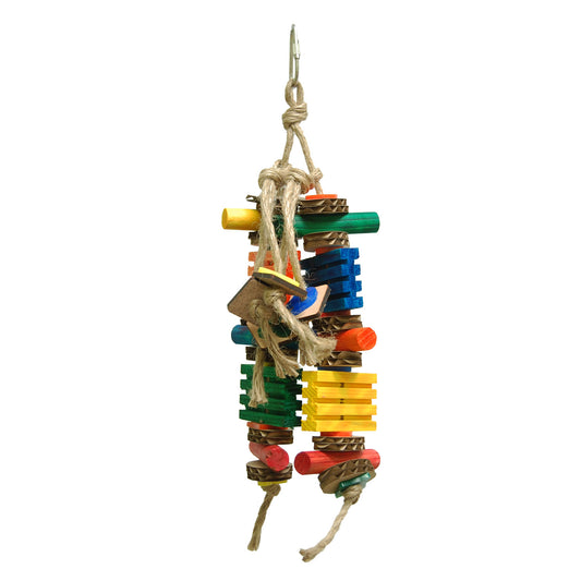 Colorful Picoti - Zoo Max bird toy with shreddable pine wood, acrylic, and cardboard pieces tied with jute rope for small parrots.