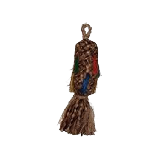 Colorful, tightly woven natural fiber pinata toy for small birds, featuring shreddable textures and preening fibers.