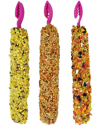 Vibrant Smakers Parakeet Variety Treat Sticks in a 3-pack, showcasing natural ingredients, measuring 7 inches long by 1.25 inches wide.