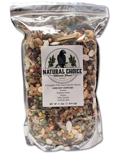 Vibrant 4lbs Natural Choice Ultimate Blend, a colorful mix of organic, low-sugar pellets for parrots, crafted fresh daily.