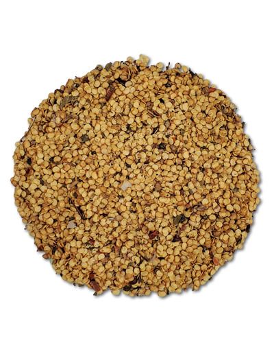 Vibrant chili pepper seeds in a heap, showcasing their fiery red and orange hues, perfect as a spicy bird treat.