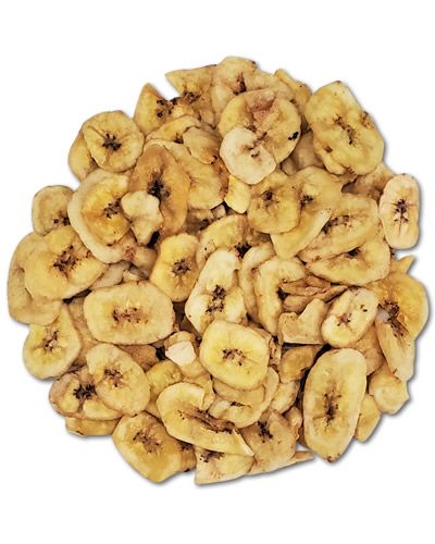 Crunchy dried banana chips in a pile, perfect as a wholesome snack or foraging treat for birds.