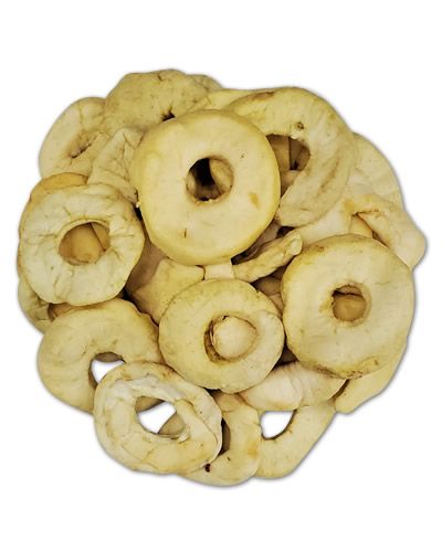 Dried apple rings arranged neatly, showcasing their golden-brown color and chewy texture, perfect for bird treats.