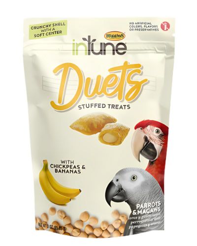 Vibrant Higgins inTune Duets Chickpeas & Banana treats, showcasing a crunchy shell with a creamy, soft filling for birds.