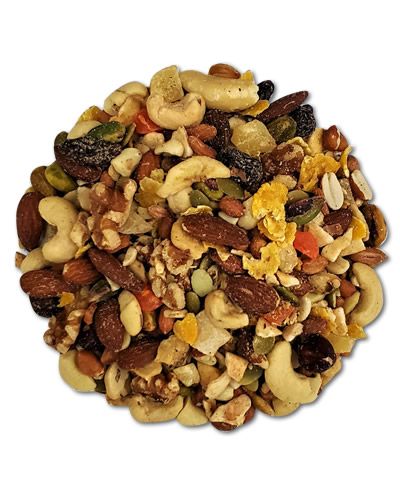 Vibrant mix of shelled Boca Nuts including almonds, cashews, walnuts, and colorful fruit pieces, sold per pound.