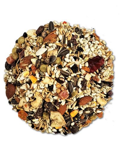 Vibrant Higgins Mayan Harvest Tik'Al Mix per lb, showcasing a colorful blend of blueberries, pine nuts, and exotic herbs.