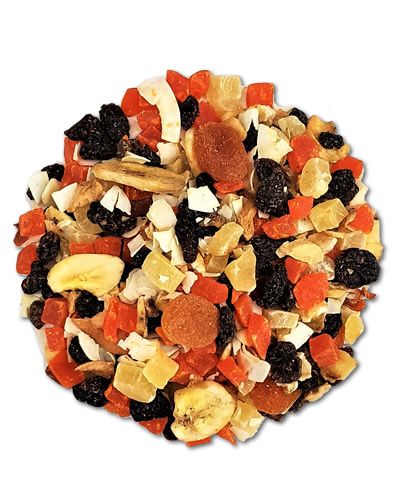 Vibrant mix of dehydrated fruits like pineapple, papaya, and raisins in Higgins True Fruits blend, sold by the pound.