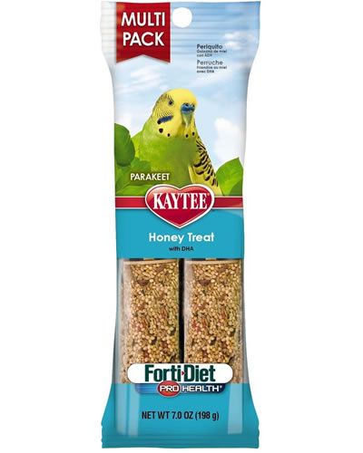 Delicious 7oz Kaytee Parakeet Honey Treat Sticks in a 2-pack, featuring golden honey glaze and nutritious seeds for birds.