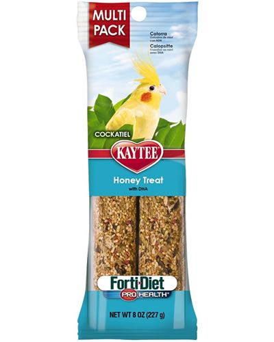 Delicious 8oz Kaytee Cockatiel Honey Treat Sticks in a 2-pack, showcasing golden honey-coated sticks packed with nutritious seeds for your bird's health.