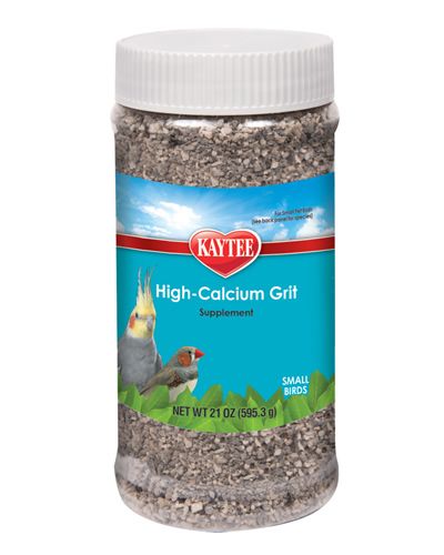 Vibrant 21oz jar of Kaytee Hi-Calcium Grit, a nutritious supplement for cockatiels, parakeets, canaries, and finches.
