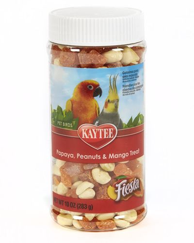 Vibrant 10oz jar of Kaytee Papaya, Peanuts, and Mango treats, packed with colorful, nutritious bird snacks for bonding.
