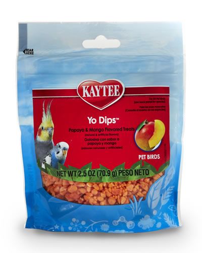 Vibrant Kaytee Fiesta Yo Dips in papaya and mango, featuring real fruit bits and a creamy yogurt coating for birds.