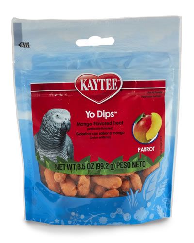 Crunchy Kaytee Fiesta Mango Yogurt Dip Treats for large birds, featuring vibrant nuggets with a creamy, fruit-flavored coating.