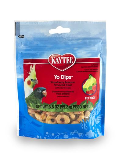 Delightful Strawberry Banana Yogurt Dip Treats by Kaytee, featuring dried tropical fruits and crunchy nuggets in a creamy, fruit-flavored yogurt coating.