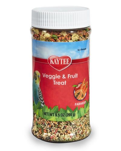 Vibrant mix of Kaytee Parakeet Fruit & Veggie Treat, showcasing colorful seeds, fruits, and veggies for bird health.