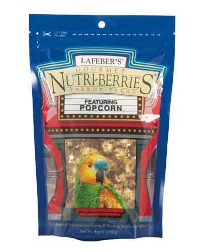 Crunchy 4oz Parrot Popcorn Nutri-Berries Treat, a colorful mix of seeds and grains with a sweet caramel aroma for birds.