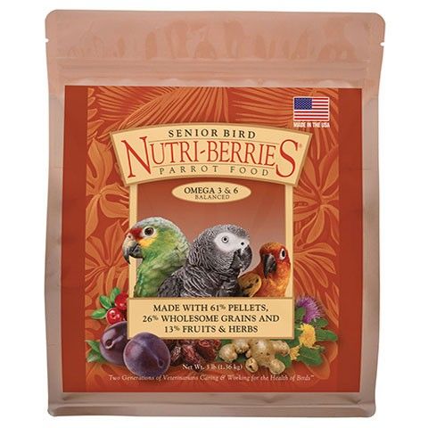Vibrant cluster of Lafeber's Senior Bird Nutri-Berries, packed with pellets, grains, and fruit for mature parrots' health.