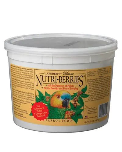 Colorful 3.25lb pack of Lafeber's Parrot Classic Nutri-Berries, featuring nutrient-rich, hulled seeds for birds.