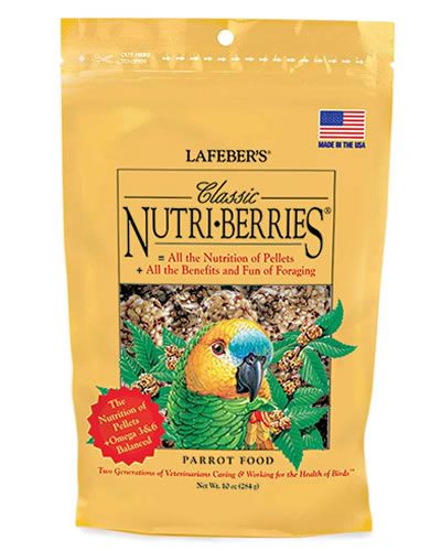 Colorful 10oz Parrot Classic Nutri-Berries by Lafeber's, packed with nutritious hulled seeds and grains for birds.