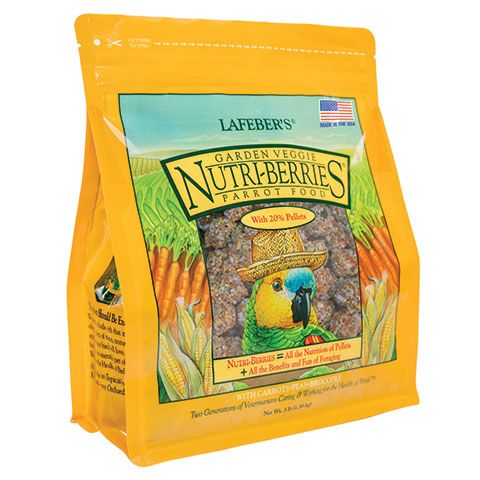Vibrant 3lb bag of Lafeber's Garden Veggie Nutri-Berries for parrots, packed with colorful broccoli, peas, and seeds.
