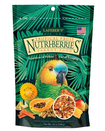 Vibrant 10oz pack of Lafeber's Tropical Fruit Nutri-Berries for parrots, featuring colorful, compact balls of papaya, pineapple, and mango.