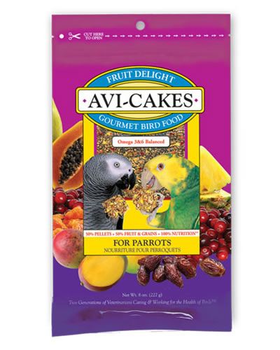 Vibrant square Lafeber Fruit Delight Avi-Cakes, packed with colorful cranberries, mango, and grains for parrots to enjoy.