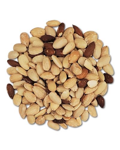 Fresh shelled almonds in a pile, showcasing their smooth, light brown texture, perfect as a nutritious bird treat.