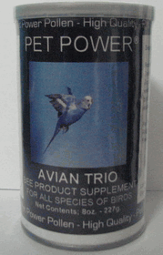 Vibrant 8oz jar of Avian Trio-Pet Power, a nutrient-rich bee pollen, royal jelly, and propolis supplement for birds.
