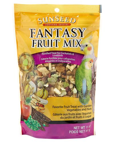 Vibrant mix of Sun Seed Fantasy Fruit 11oz, featuring colorful dried fruits, nuts, and veggies for Cockatiels and Lovebirds.
