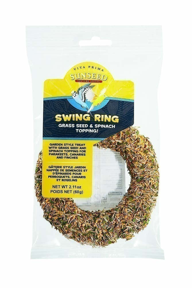 Delightful Grass & Spinach Swing Ring by Sun Seed Vita Prima, featuring a softwood center coated with crunchy biscuits, grass seed, and vibrant spinach, complete with a handy hanging clip.