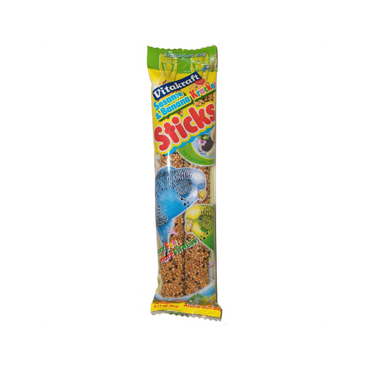 Crunchy Vitakraft Triple Baked Sesame Banana Sticks for parakeets, featuring whole grains, honey, and a chewable wood center.