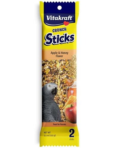 Crunchy Vitakraft Apple & Honey Parrot Crunch Sticks with real fruit and a natural wood center for long-lasting bird fun.