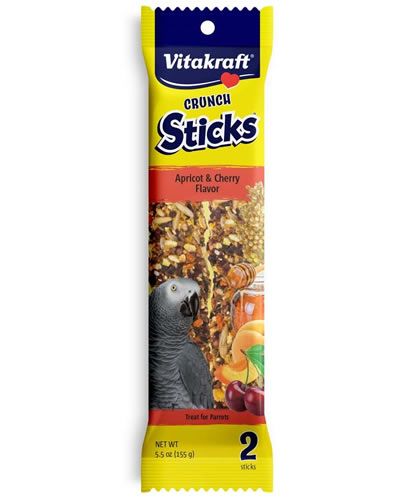 Vibrant Vitakraft Crunch Sticks for parrots, featuring apricot and cherry flavors with sunflower seeds, in a 2-pack.